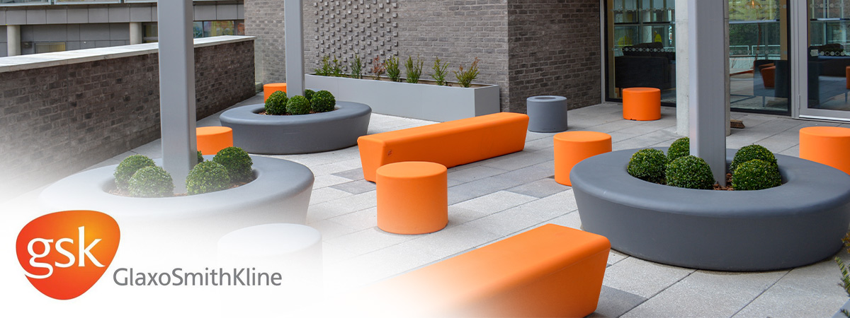 Orange & grey outdoor seating to match GSK branding